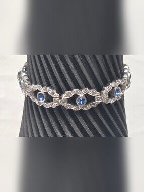 Engel Brothers - EB Vintage Blue Rhinestone Silver Link Bracelet Signed